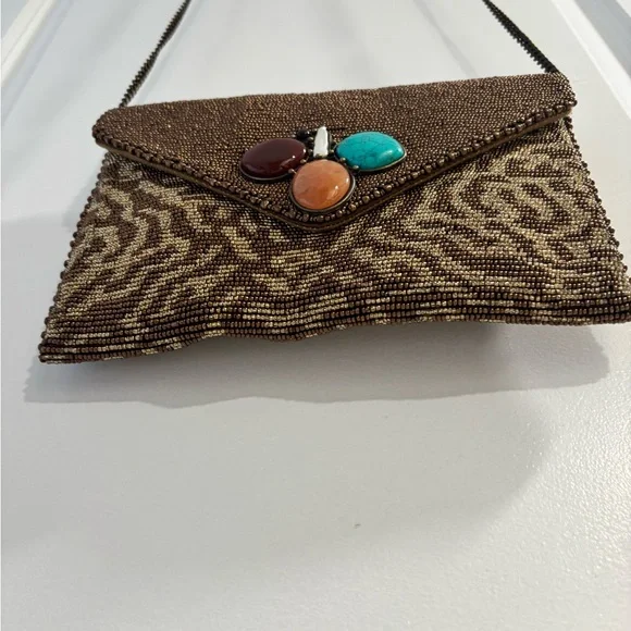 NWT Mary Frances Gold and Brown Handcrafted Gemstone Beaded Handbag - Picture 5 of 15